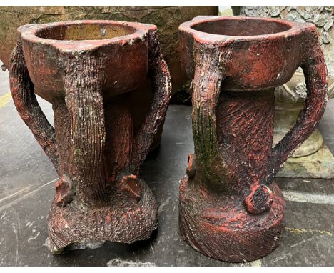 A Pair of pottery garden planters in the shape of tree trunks. Together with small terracotta jug. [One planter as found] 