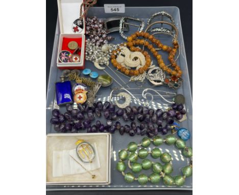 A Tray of jewellery to include Antique shoe buckles, Raw Amethyst stone necklace, Silver and blue enamel perfume bottle, Moth