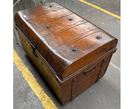 Antique metal travel trunk together with a metal three way fire screen. 