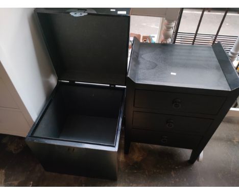 Oriental themed trunk box together with three drawer chest. 