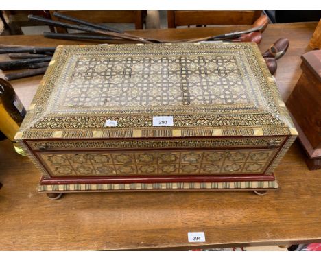 A Highly decorative Indian jewellery chest, Mother of pearl marquetry inlay. Has interior lift out shelf. 