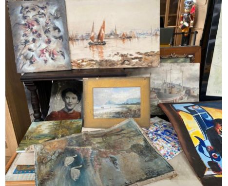 A Quantity of mixed art works to include watercolours of boat scenes, Tribal oil on canvas- signed, Block print depicting lad
