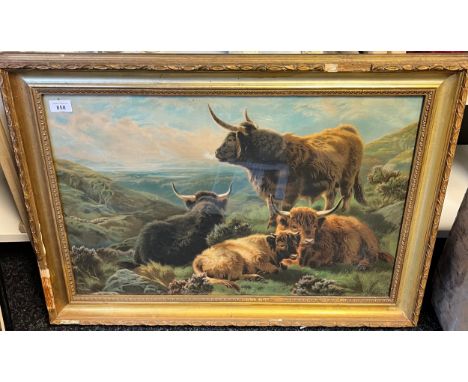 Antique coloured print depicting highland cows resting. Fitted within a gilt frame [Frame 57x80cm] 