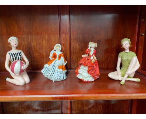 Two Royal Doulton Figurines Noelle and Top O the Hill. Together with two contemporary art deco themed lady figurines 