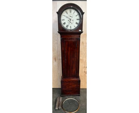 18th/19th century long cased grandfather clock, the barrel top with enamel face and detailed with roman numerals, with weight
