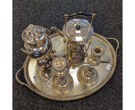 A Large antique two handle serving tray, Candle sticks, Ladle, Samovar and spirit kettle. 