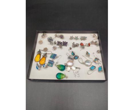 A Collection of silver earrings, includes silver and enamel earrings, amber, opal and pearl earrings. 