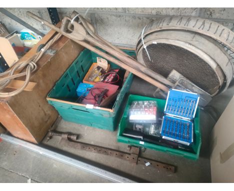 A Selection of mixed tools to include garden hand tools, drill bits, battery chargers, large metal joiners clamp, wooden join