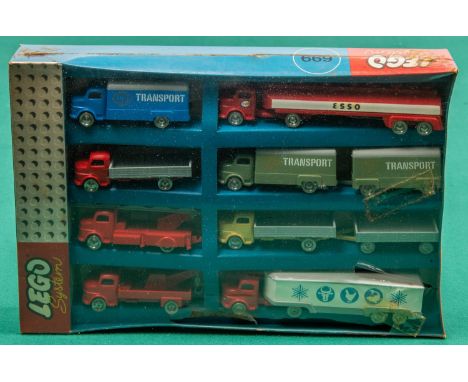 A scarce Lego HO scale  No.699  8 piece Transport set, dating from the 1960s, containing Mercedes trucks, Including an Esso f