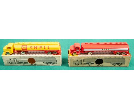 2 Scarce Lego HO scale Fuel tankers on Mercedes cabs. Dating from the 1960s. No.649 Yellow &amp; red ( Shell) and N0. 650 all