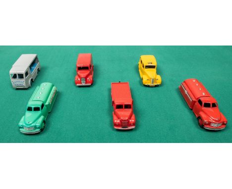 6 Dinky Toys 2x Studebaker petrol tankers, Castrol in green and ESSO in red. Trojan van, in red DUNLOP livery. Fordson flatbe