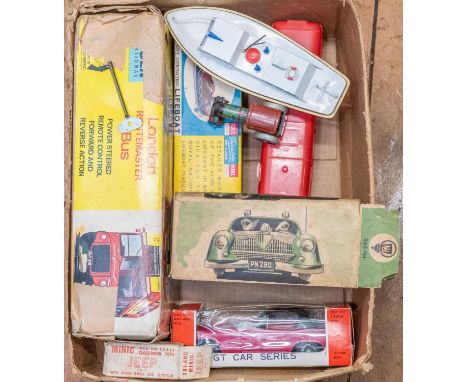 5 vintage tin plate toys to include PN290 police car, Tri-ang Minic clockwork jeep with key, Made in Great Britain road rolle