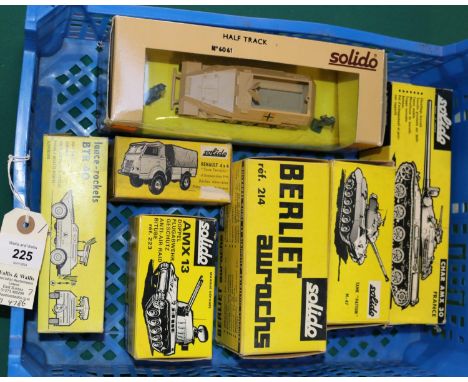 7 Solido Military Vehicles. Tank 'PATTON' M-47 (202). AMX 13 Anti-Air-Raid Bitube tank (223), AMX 30 tank (209), Berliet Auro