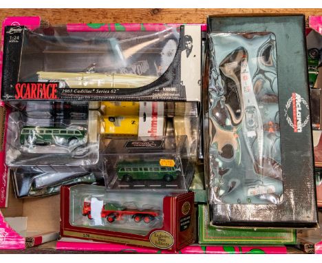 Quantity of 30+ various makes by Corgi, Solido, Matchbox, EFE, etc. Lot includes Minichamps 1:18 scale McLaren, Jada Toys 1:2