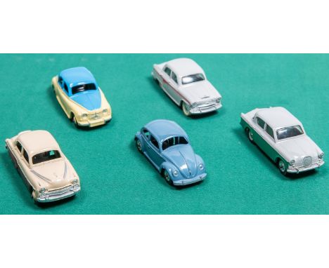 5 Dinky Toys. Vauxhall Cresta in cream and maroon with cream wheels. Rover 75 in mid blue and cream with cream wheels. Singer