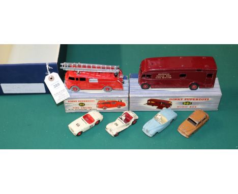 6 Dinky Toys. 2 boxed examples - a Supertoys 'HORSE BOX' (981) in maroon with red wheels, (British Railways decals removed). 