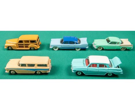 5 Dinky Toys. Studebaker Golden Hawk in light green and cream, with cream wheels. Plymouth Estate Car in two tone brown. Plym