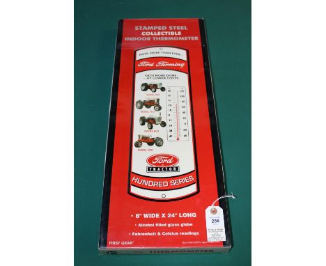 First gear stamped steel collectible indoor thermometer. Ford farming, 8" wide x 24" long, alcohol filled glass globe, Fahren