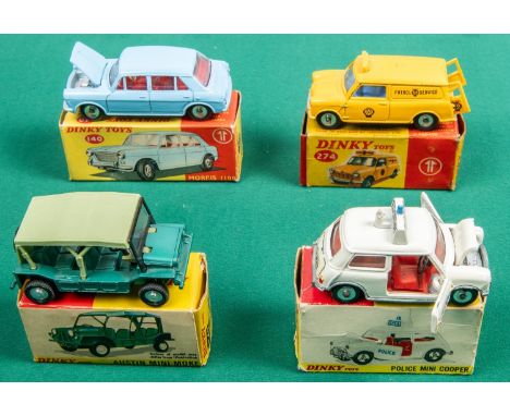 4 Dinky Toys. Morris 1100 (140), in light blue with red interior. AA Mini Van (274) in yellow with blue interior, AA Patrol S