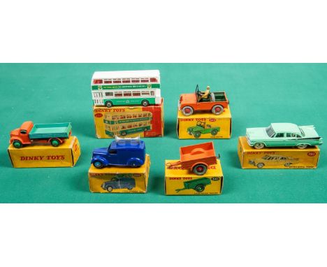 6 Dinky Toys. Dodge Royal sedan (191). In light green with black fins. Land Rover (340) in orange with matt dark green interi