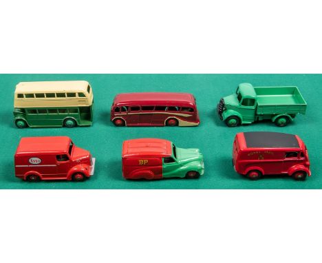 6 Dinky Toys. Morris J Van Royal Mail in red. Trojan Van, ESSO in red. Austin Van, in light green/red SHELL/BP livery. Bedfor