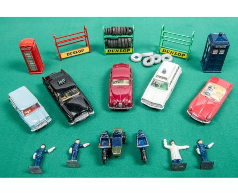 5 Dinky Toys cars. Vauxhall Victor Ambulance in white, with pale green interior. Humber Hawk POLICE car in black with cream i