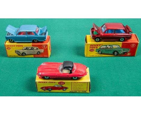 3 Dinky Toys. A Jaguar 'E' Type (120) in bright red with black plastic roof and cream interior, with folded hood. Vauxhall Vi