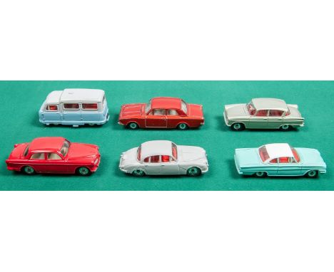 6 Dinky Toys. Ford Corsair in metallic red with cream interior. Ford Capri in turquoise with white roof and red interior. Vol