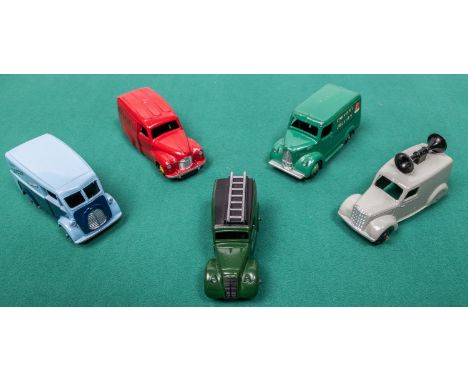 5 Dinky Toys. Morris J van, in two tone blue Capstan livery. Trojan van, green Chivers Jellies livery. Austin A40 van, in red