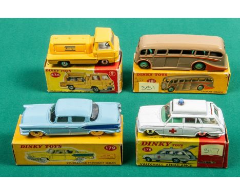 4 Dinky Toys. Vauxhall Victor Ambulance (278). In white with blue light to roof. Ford Thames Atlas Copco Compressor Truck (43