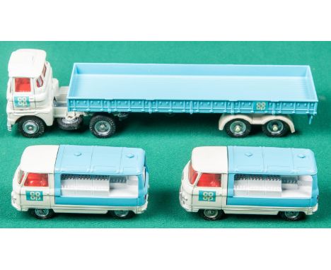 A Corgi Toys part Co-Op Set. Comprising 3 vehicles. Scammell tractor unit and trailer with a Commer Milk Float and another du