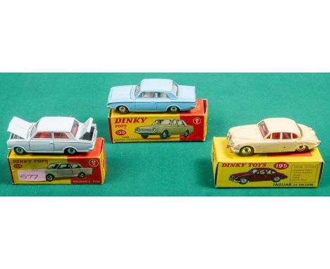 3 Dinky Toys. Ford Consul Corsair (130) in light blue with cream interior. Vauxhall Viva (136) in pale grey with red interior