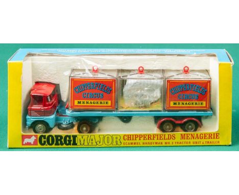 Corgi Major Toys Chipperfields Menagerie Scammel Handyman Mk.3 Tractor Unit &amp; Trailer. (1139). In red and blue livery com