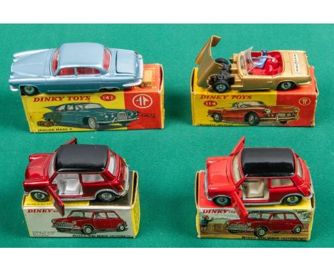 4 Dinky Toys. Jaguar Mark X (142) in light metallic blue with red interior. Triumph Spitfire (114) in metallic gold with red 