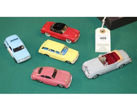 5 Dinky Toys. Mini Clubman POLICE in light blue with white doors. Porsche 356a in cerise (faded). Vauxhall Victor Estate in y