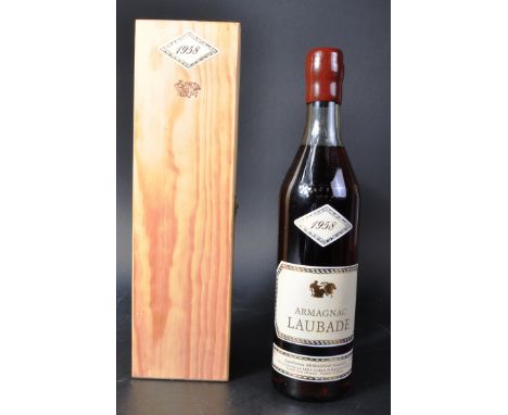 Bas Armagnac - A single boxed bottle of vintage 1958 Bas Armagnac Laubade wine being contained in wooden presentation box. Pr