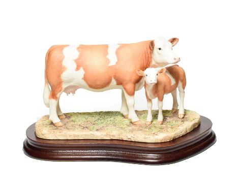 Border Fine Arts 'Simmental Cow and Calf' (Style Two), model No. L103 by Ray Ayres, limited edition 675/1500, on wood base, w