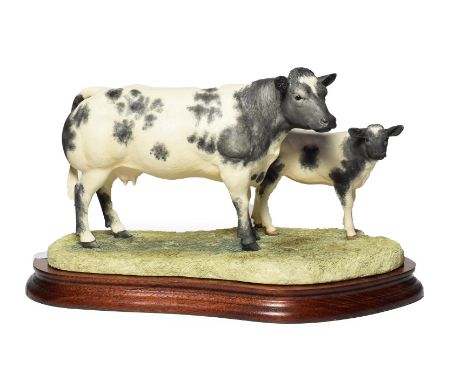 Border Fine Arts 'Belgian Blue Cow and Calf' (Style One), model No.B0590 by Ray Ayres, limited edition 607/1250, on wood base