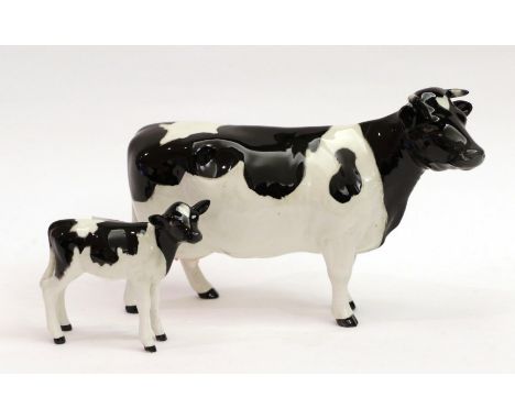 Beswick Friesian Cow Ch. ''Claybury Leegwater'', model No. 1362A and Friesian Calf, model No. 1249C, both black and white glo