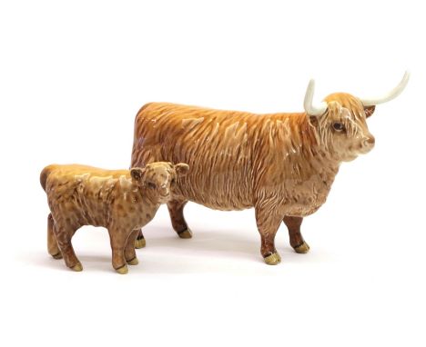 Beswick Highland Cow, model No. 1740 and Highland Calf, model No. 1827D, both tan and brown gloss (2)