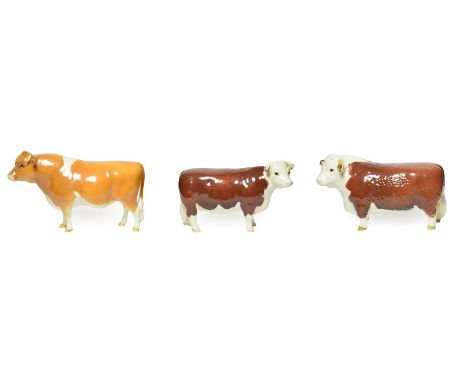 Beswick Cattle Comprising: Hereford Bull, first version, model No. 1363A and Hereford Cow, model No. 1360, both brown and whi