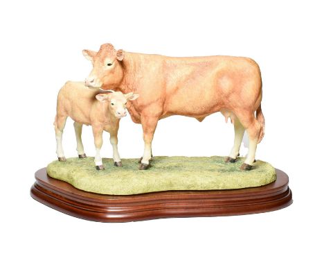 Border Fine Arts 'Blonde D'Aquitaine Cow and Calf, model No. B0353 by Kirsty Armstrong, limited edition 278/1250, on wood bas