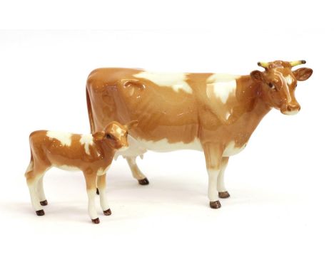 Beswick Guernsey Cow, first version, model No. 1248A and Guernsey Calf, model No. 1249A, golden brown and white gloss (2)