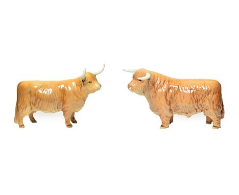 Beswick Cattle Comprising: Highland Bull, model No. 2008 and Highland Cow, model No. 1740, both tan gloss (2).  In good condi