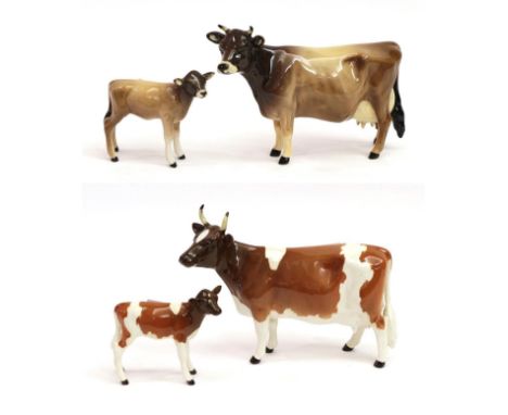 Beswick Ayrshire Cow Ch. ''Ickham Bessie'', model No. 1350 and Ayrshire Calf, model No. 1249B, brown and white gloss; togethe