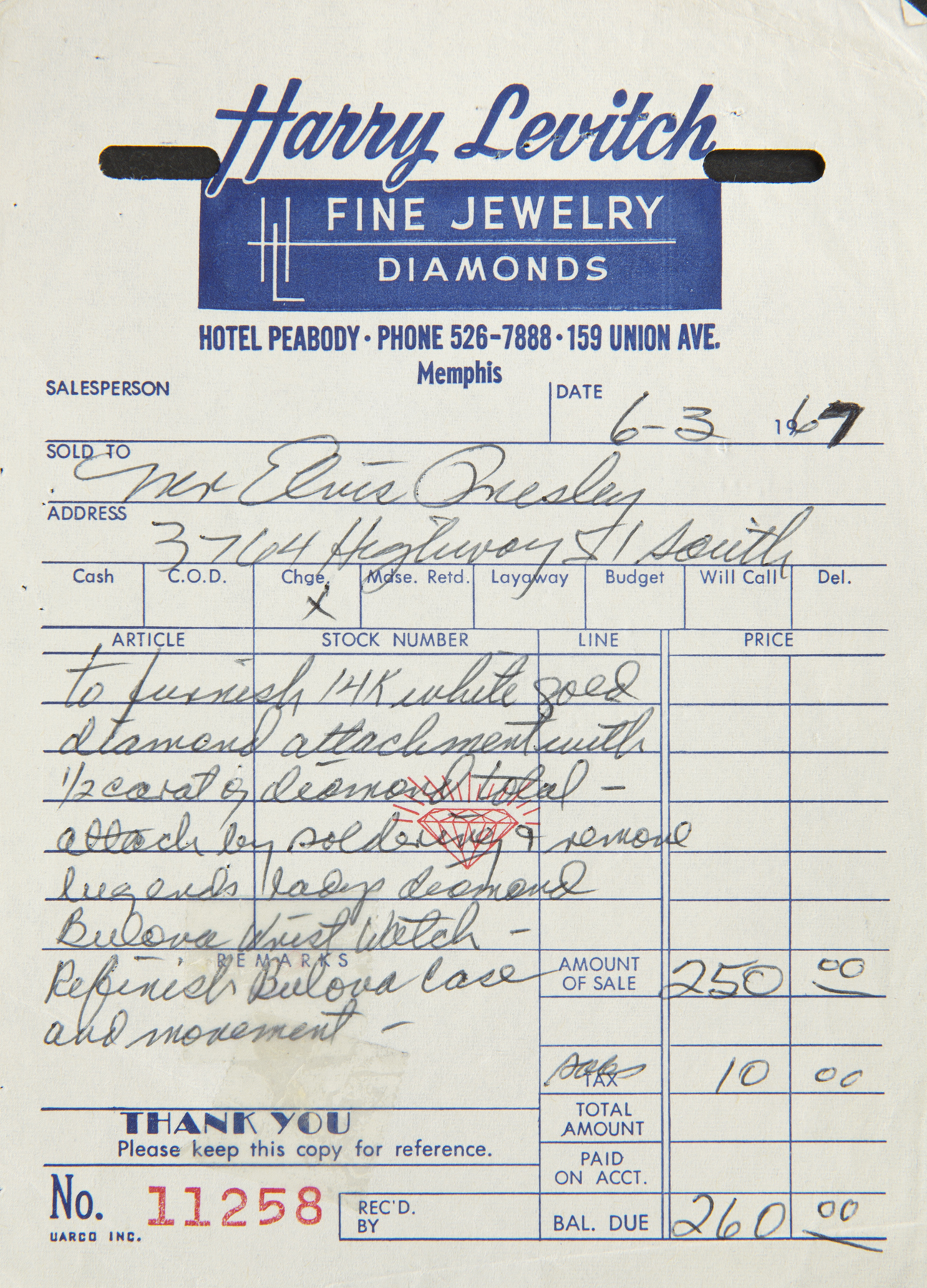 ELVIS PRESLEY JEWELRY INVOICE An Invoice From Memphis