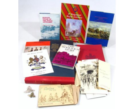Various Army related and other ephemera, collectables, etc, to include a pension certificate, books, Battery Records of The R