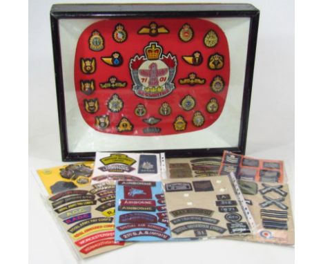 Various embroidered RAF and other badges, to include Securitas, large badge headed by crown, 28cm high, other wings, Canada, 