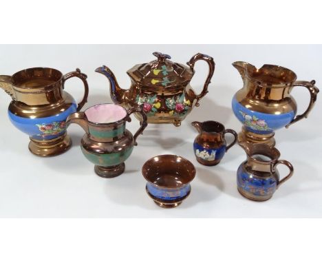 Various 19thC copper lustreware, to include footed jug, 21cm high, with decorative banding, another similar, teapot, etc. (a 