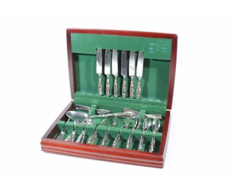 A part canteen of cutlery, to include serving spoon, forks, other spoons, knives, settings for six, with mother of pearl type